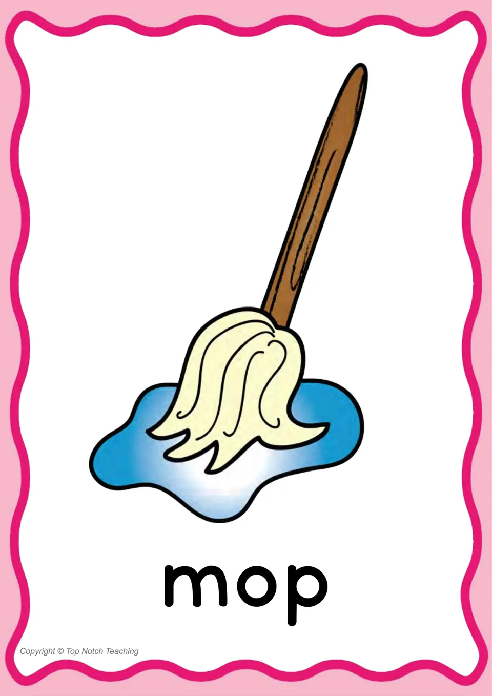Individual CVC word poster for 'mop,' pairing the printed word with an illustration of a mop in water