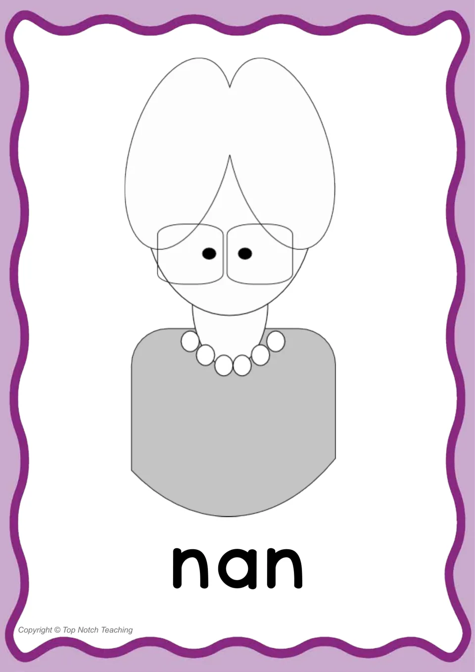 Individual CVC word poster for 'nan,' pairing the printed word with an older woman wearing glasses
