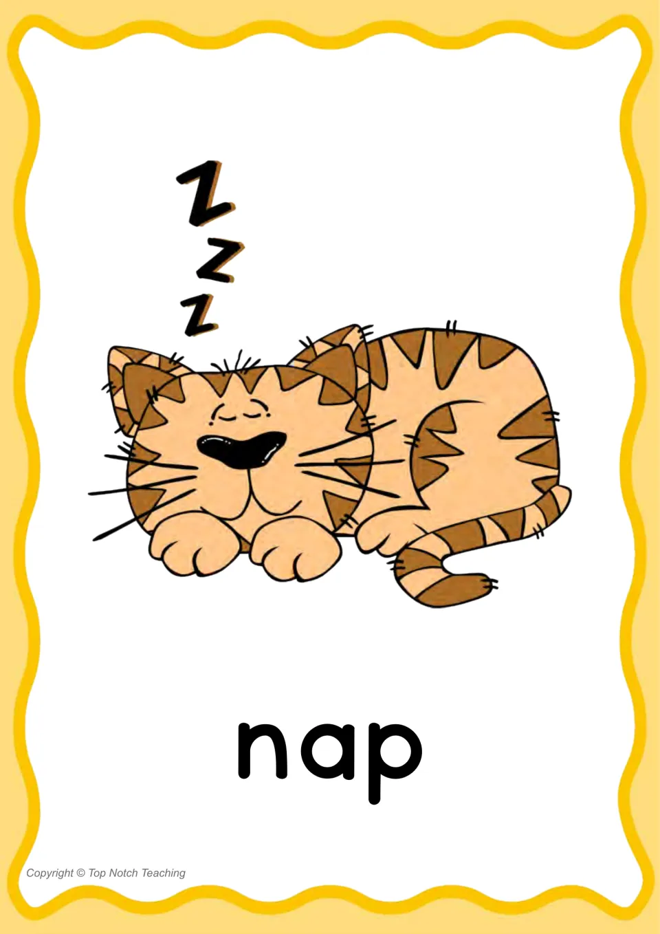 Individual CVC word poster for 'nap,' pairing the printed word with an illustration of a sleeping cat