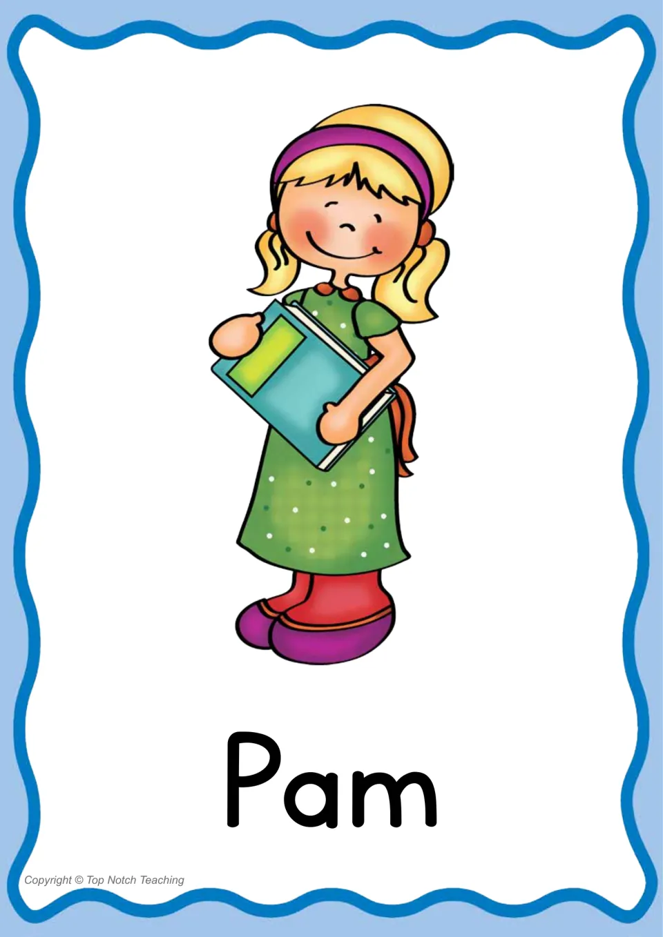 Individual CVC word poster for 'Pam,' pairing the printed name with an illustration of a girl holding a book