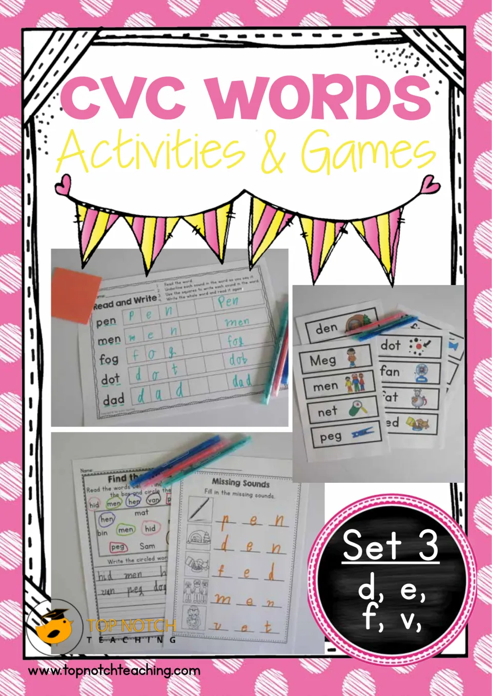 Cover of the CVC word activity packet, Set 3, featuring d, e, f, and v and samples of reading activities