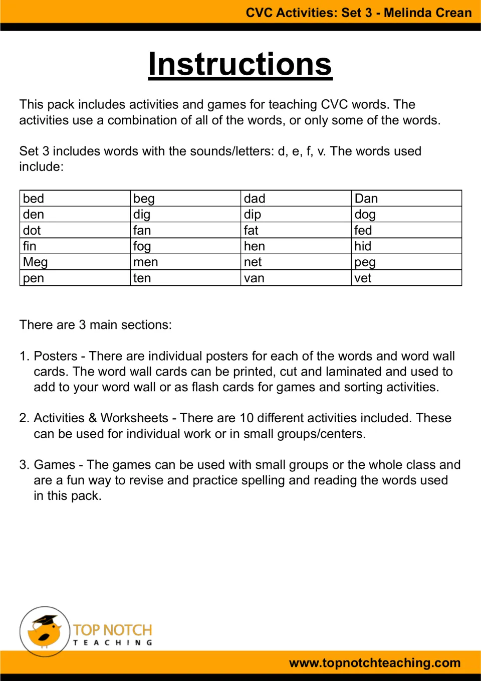 Instructions list 24 CVC target words for d, e, f, and v and explain how to use posters, activities, and games