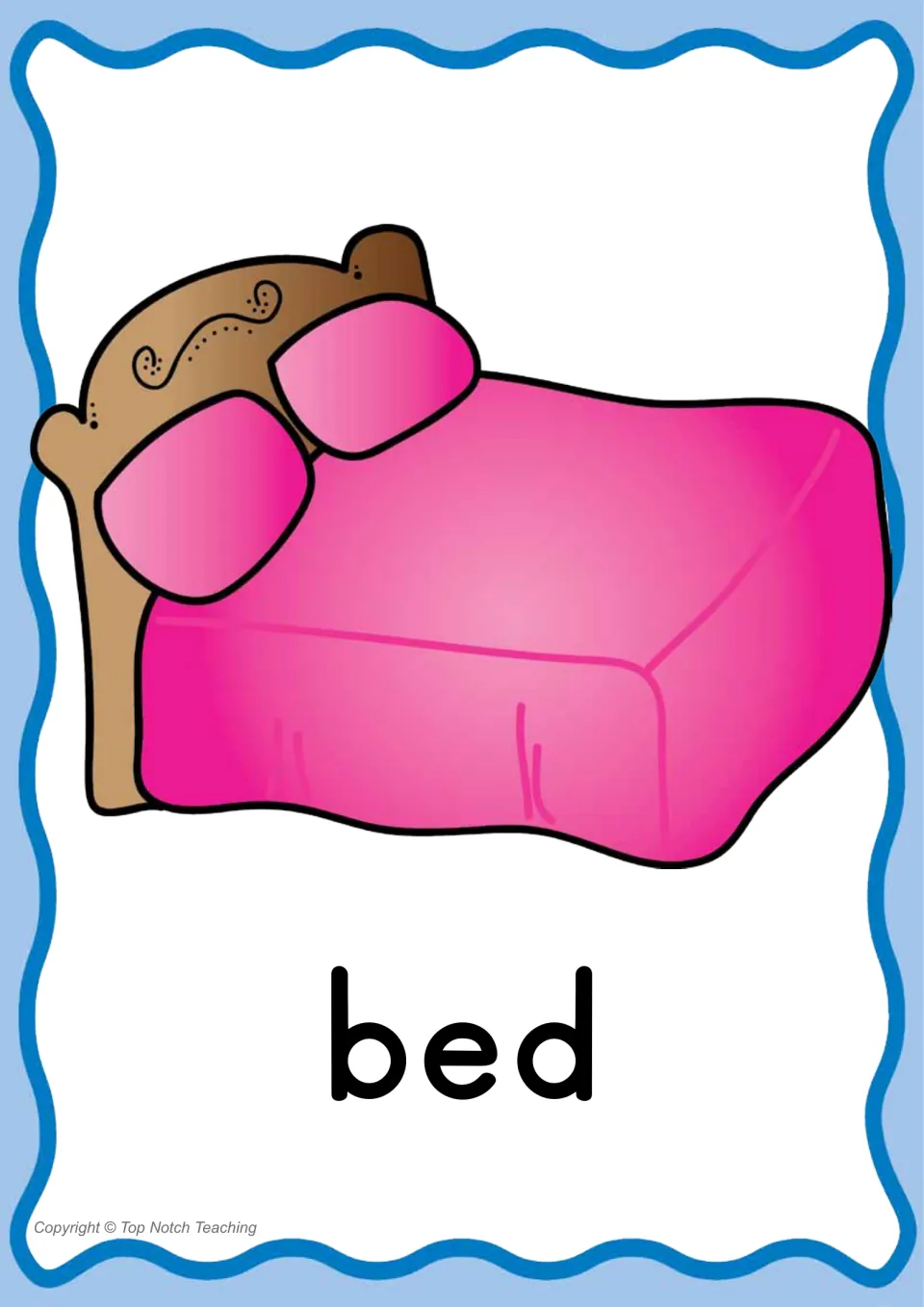 Individual CVC word poster for 'bed' pairs the printed word with a bed illustration for the packet's word practice