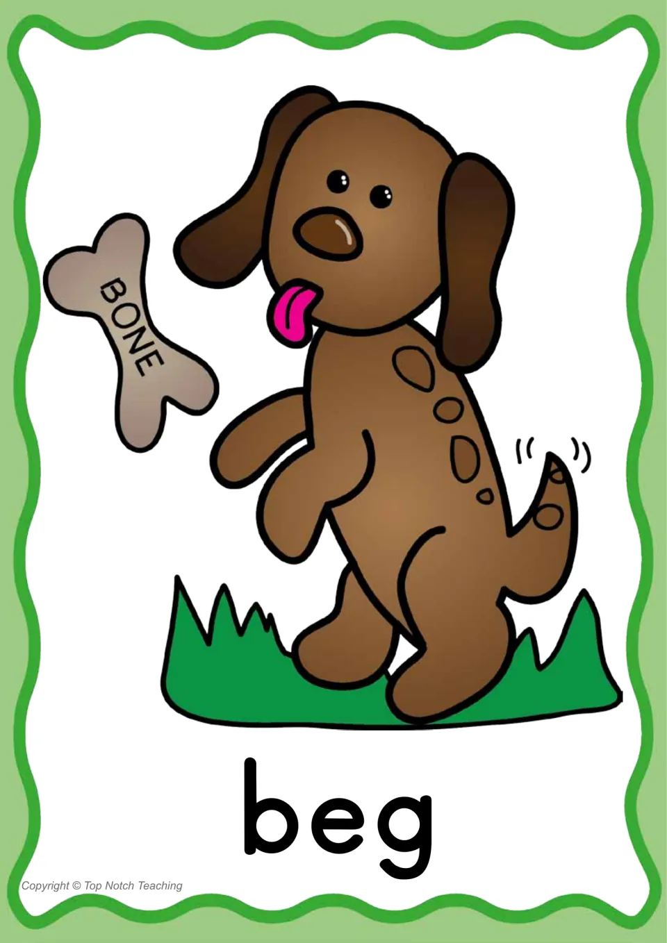 Individual CVC word poster for 'beg' shows a dog begging for a bone above the printed target word
