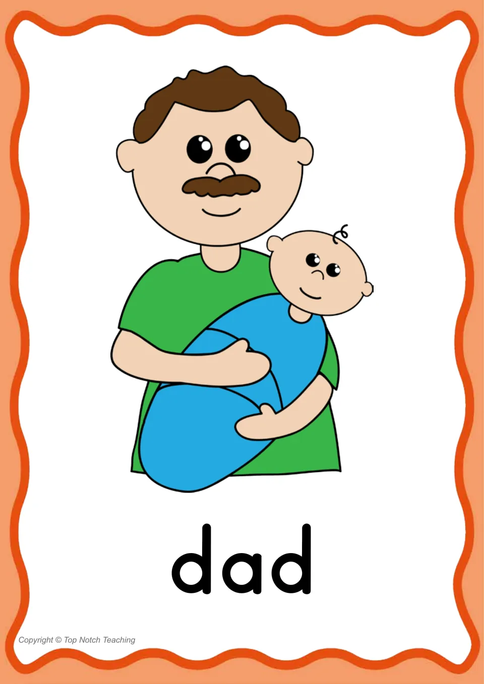 Individual CVC word poster for 'dad' shows a father holding a baby above the printed target word