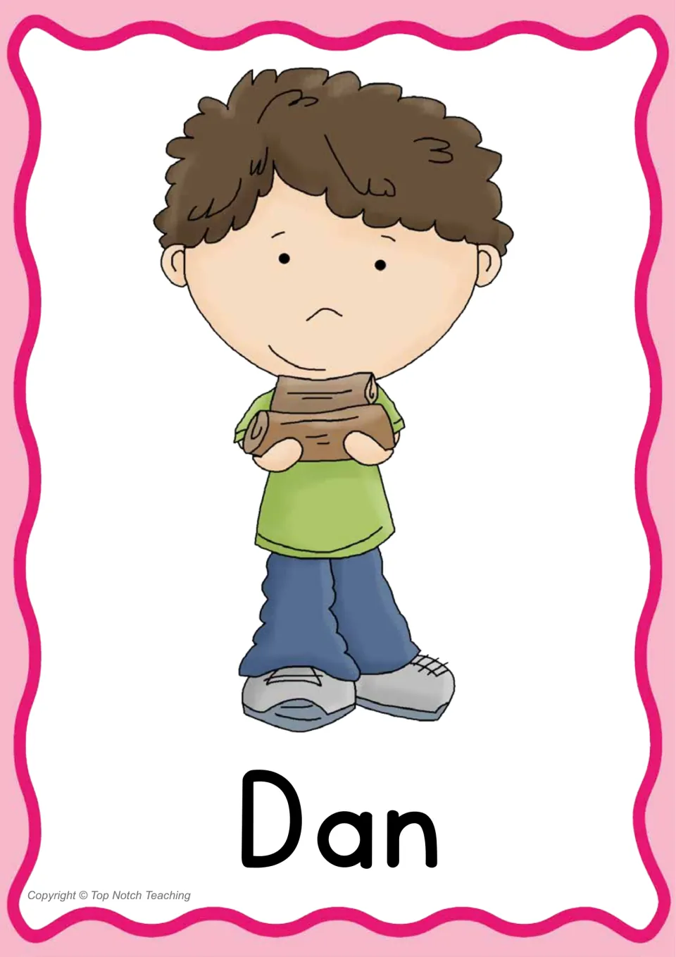 Individual CVC word poster for 'Dan' pairs the printed name with a boy holding logs for word practice