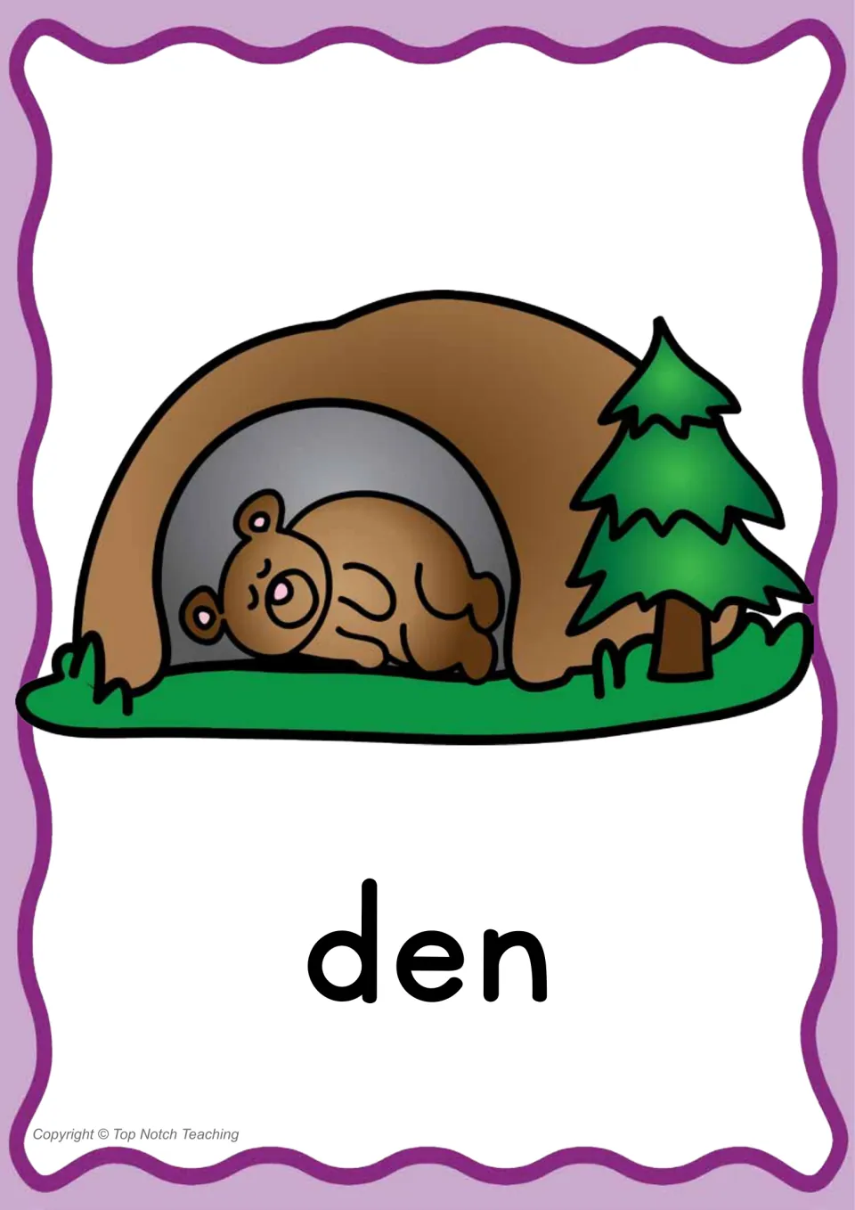 Individual CVC word poster for 'den' shows a bear resting inside a den above the printed target word