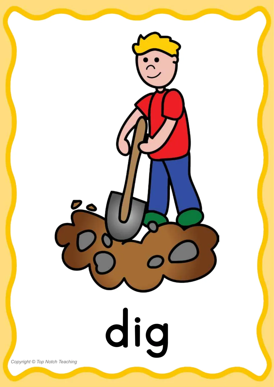 Individual CVC word poster for 'dig' shows a child digging soil with a shovel above the printed word