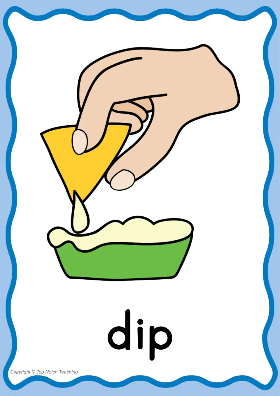 Individual CVC word poster for 'dip' shows a hand dipping a chip into a bowl above the printed target word