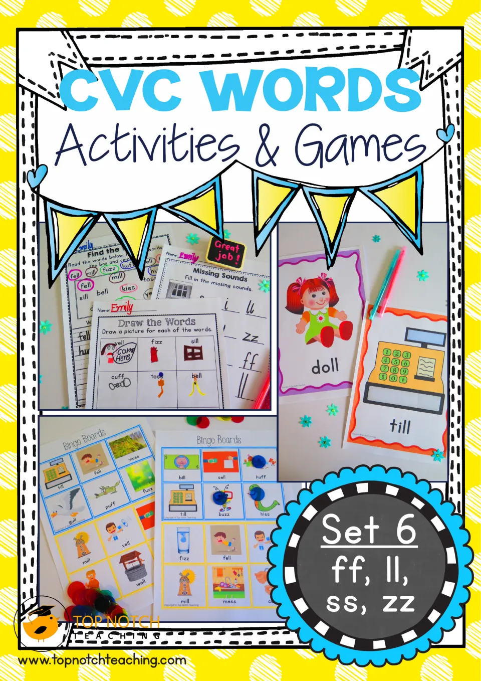 Cover of CVC Words Activity Packet - Set 6, showing sample worksheets, word posters, and bingo boards