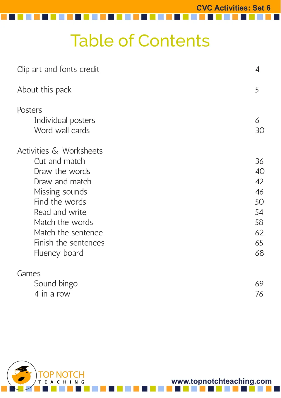 Table of contents for the phonics packet, listing posters, 10 activity types, sound bingo, and 4 in a row