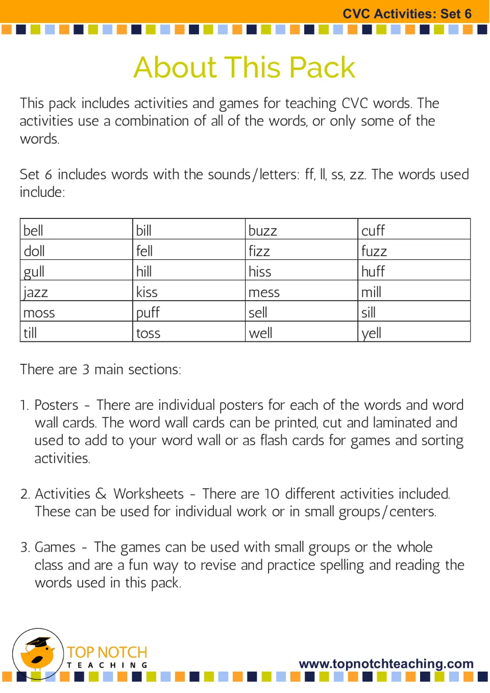 About This Pack introduction lists 24 words ending in ff, ll, ss, and zz and explains the three sections