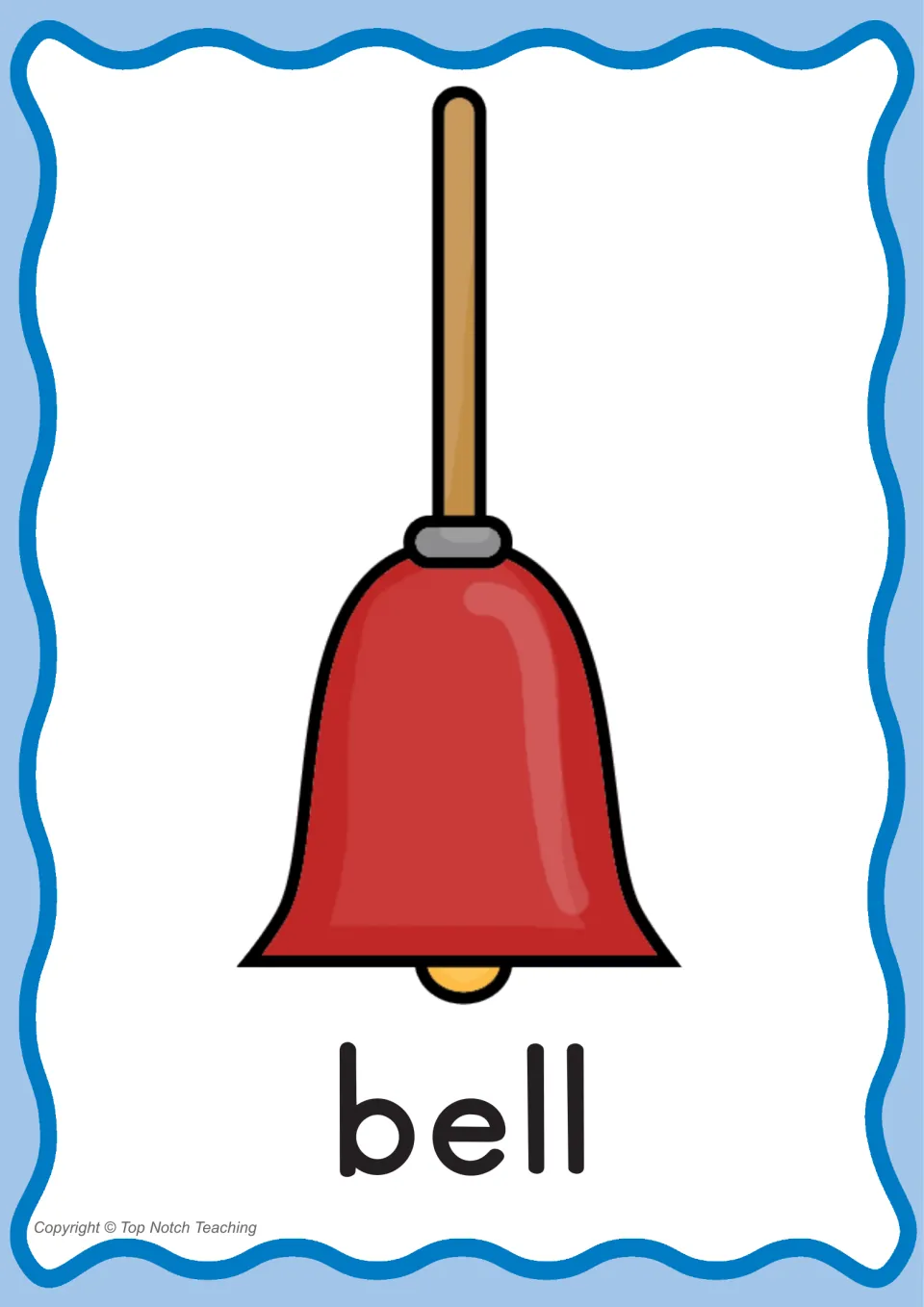 Individual phonics word poster for bell, pairing the printed word with a red handbell to practice ll