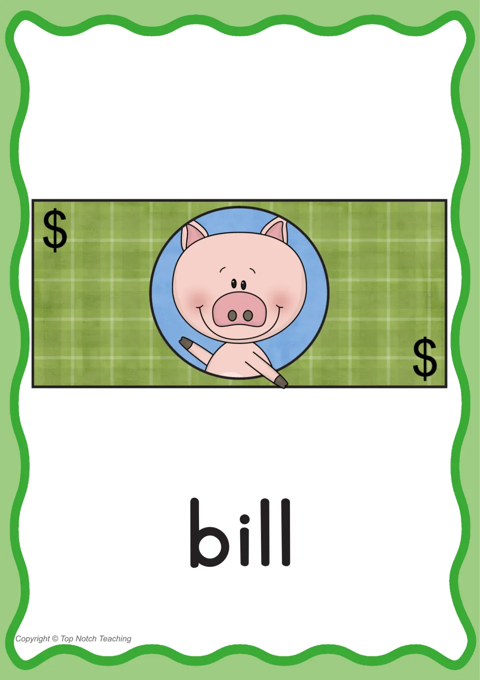 Individual phonics word poster for bill, pairing the printed word with an illustrated bill for ll practice
