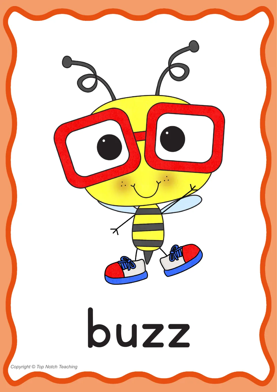 Individual phonics word poster for buzz, pairing the printed word with a cartoon bee for zz practice