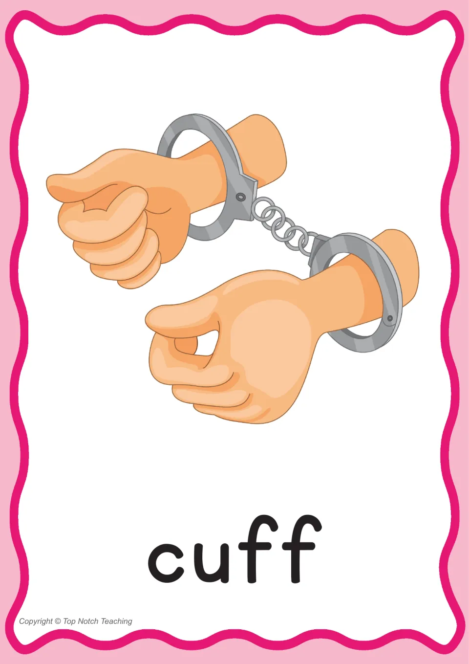 Individual phonics word poster for cuff, pairing the printed word with wrists in handcuffs for ff practice