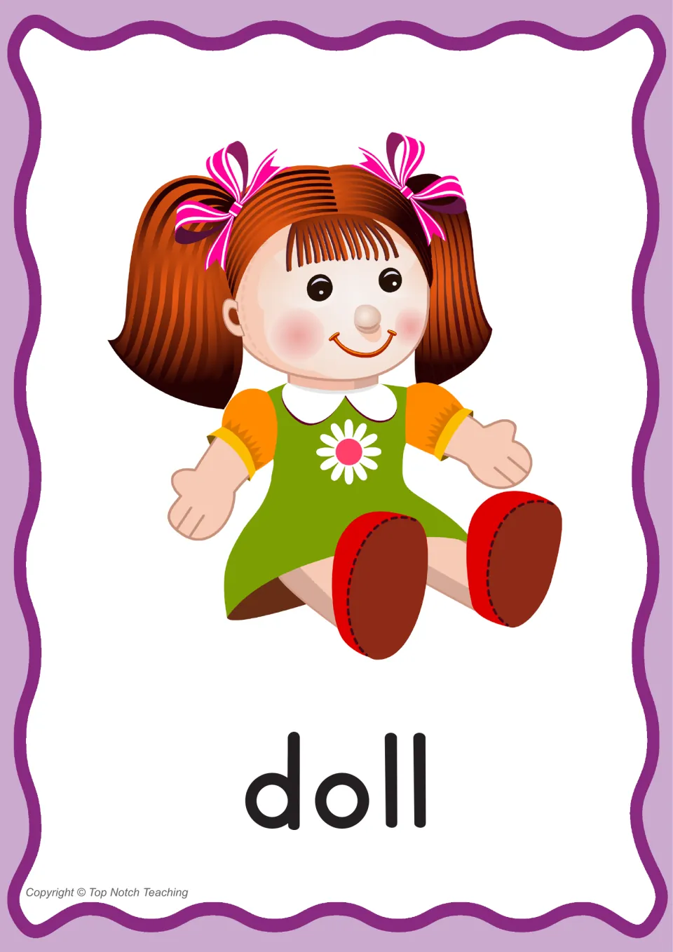 Individual phonics word poster for doll, pairing the printed word with a doll in a dress for ll practice