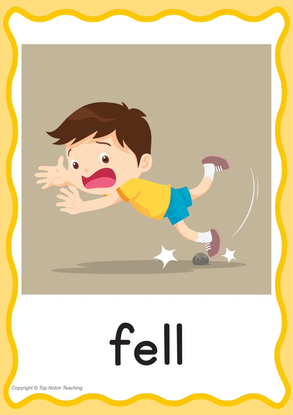 Individual phonics word poster for fell, pairing the printed word with a boy tripping for ll practice