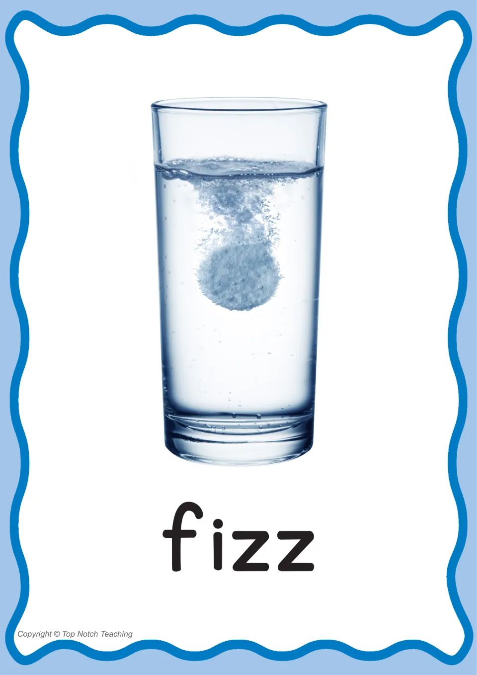 Individual phonics word poster for fizz, pairing the printed word with a bubbling tablet in water