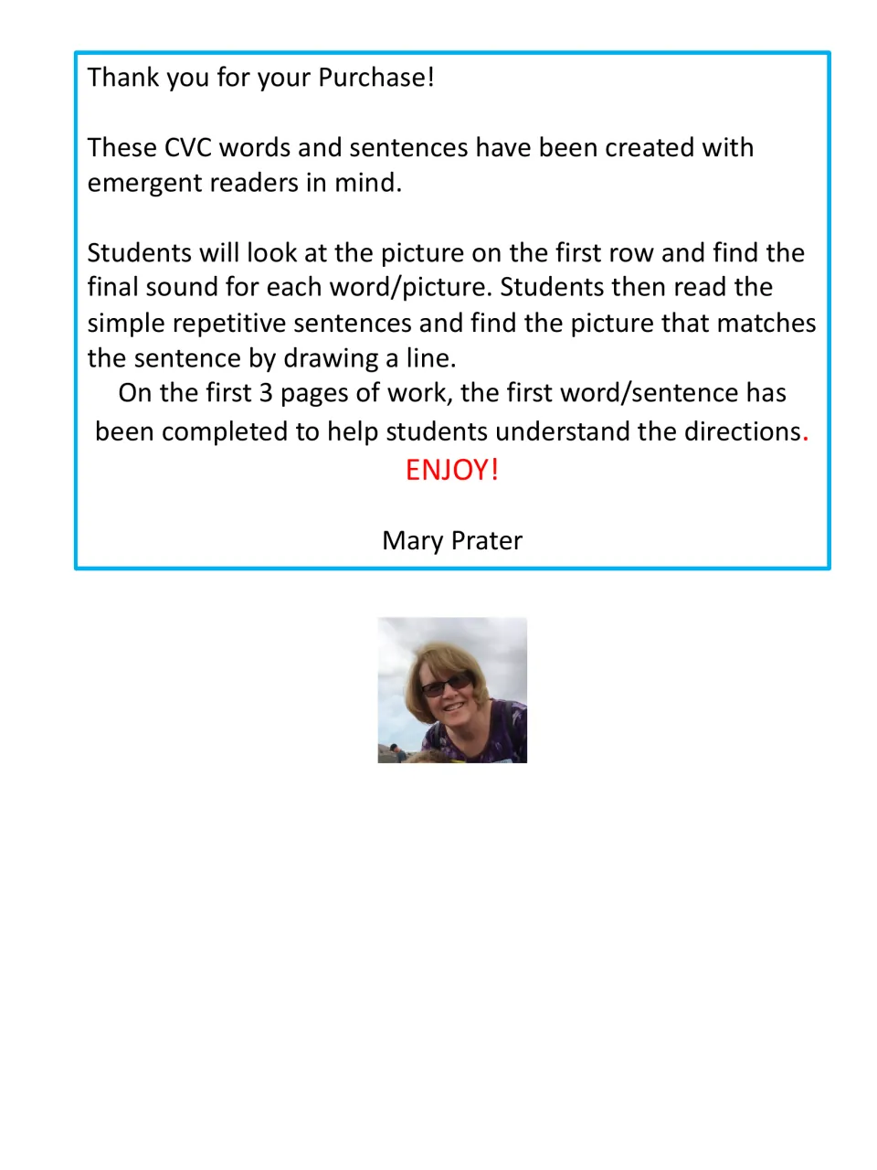 Author note: students write the final sound of each pictured CVC word, then draw lines matching sentences to pictures