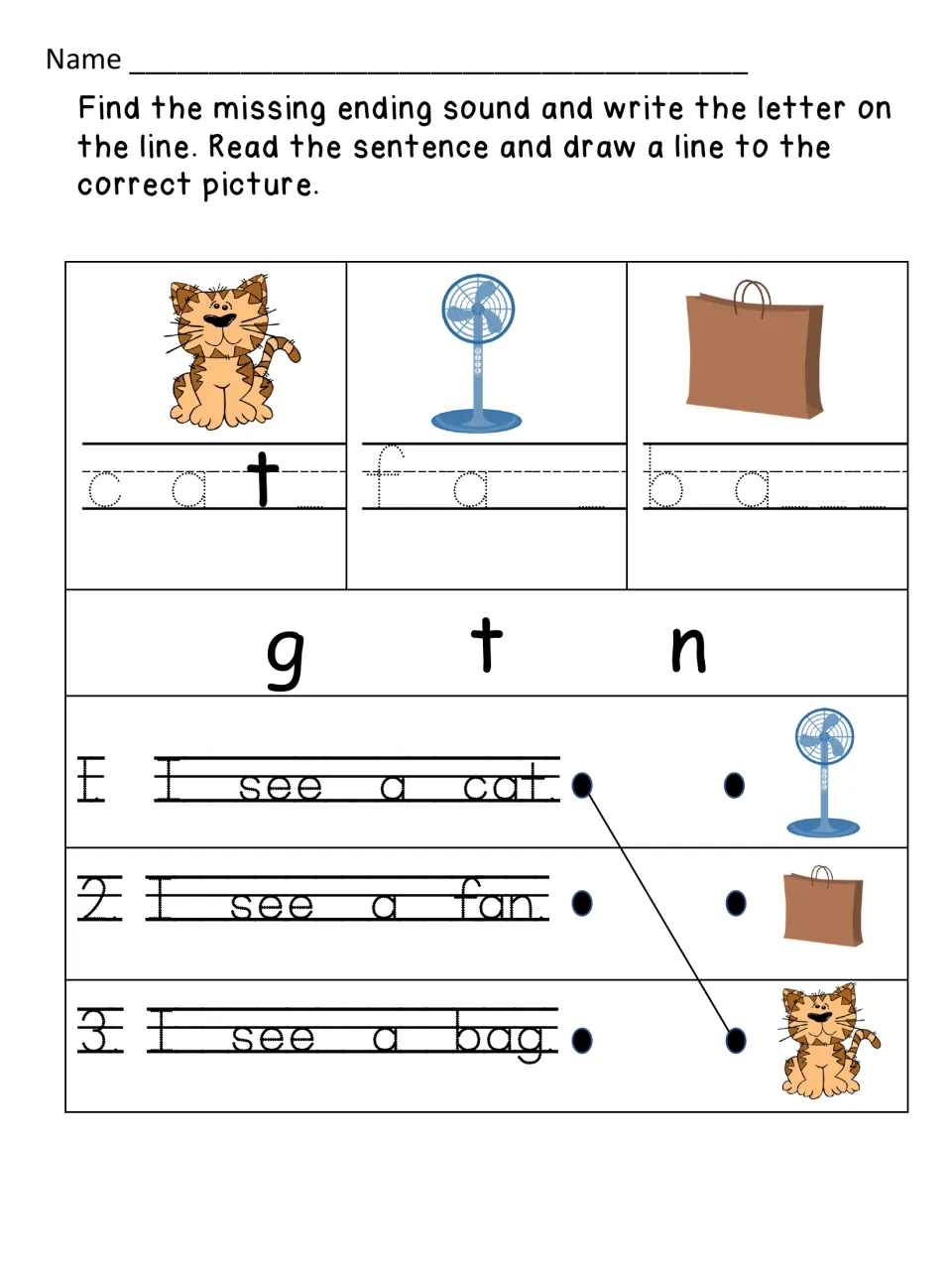 Ending sounds for cat, fan and bag: students write g, t or n, then match I see a cat, fan and bag sentences to pictures