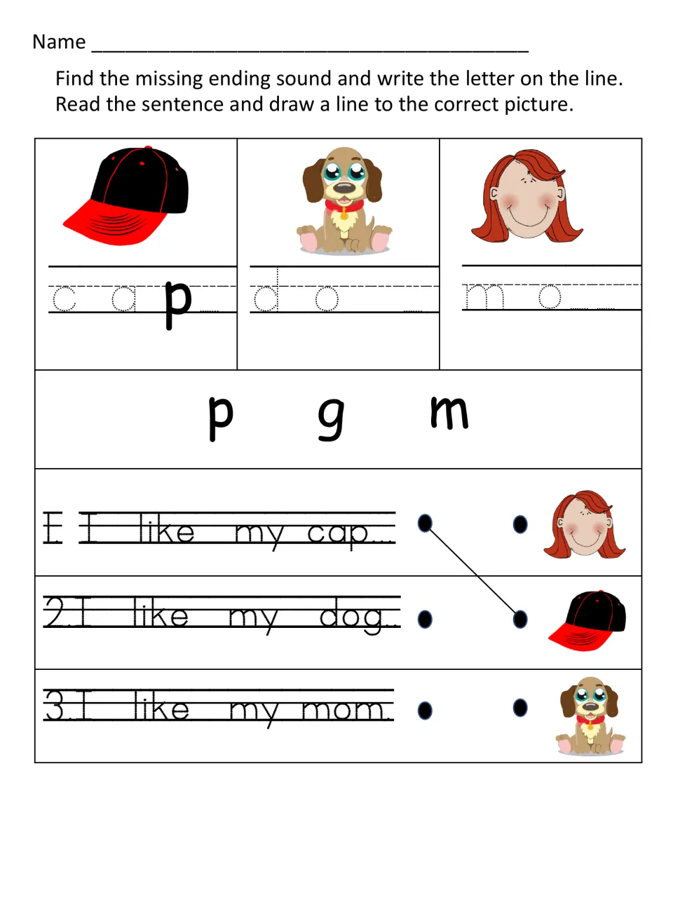 Final sounds for cap, dog and mom: students choose p, g or m, then match I like my cap, dog and mom sentences to pictures