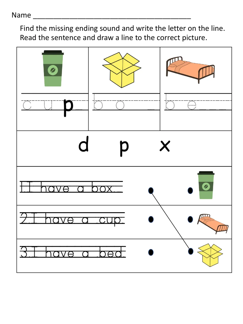 Ending sounds for cup, box and bed: students choose d, p or x, then match I have a box, cup and bed sentences to pictures
