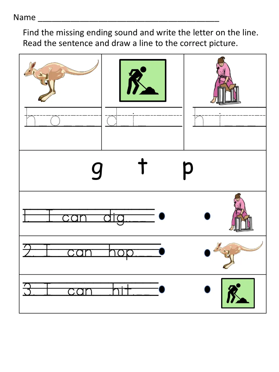 Action CVC words hop, dig and hit: students add g, t or p, then match I can dig, hop and hit sentences to pictures