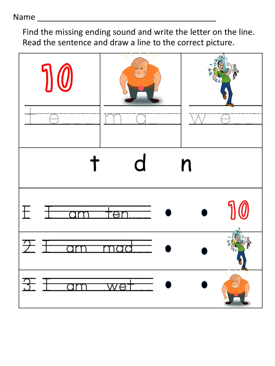 Ending sounds for ten, mad and wet: students choose t, d or n, then match I am ten, mad and wet sentences to pictures