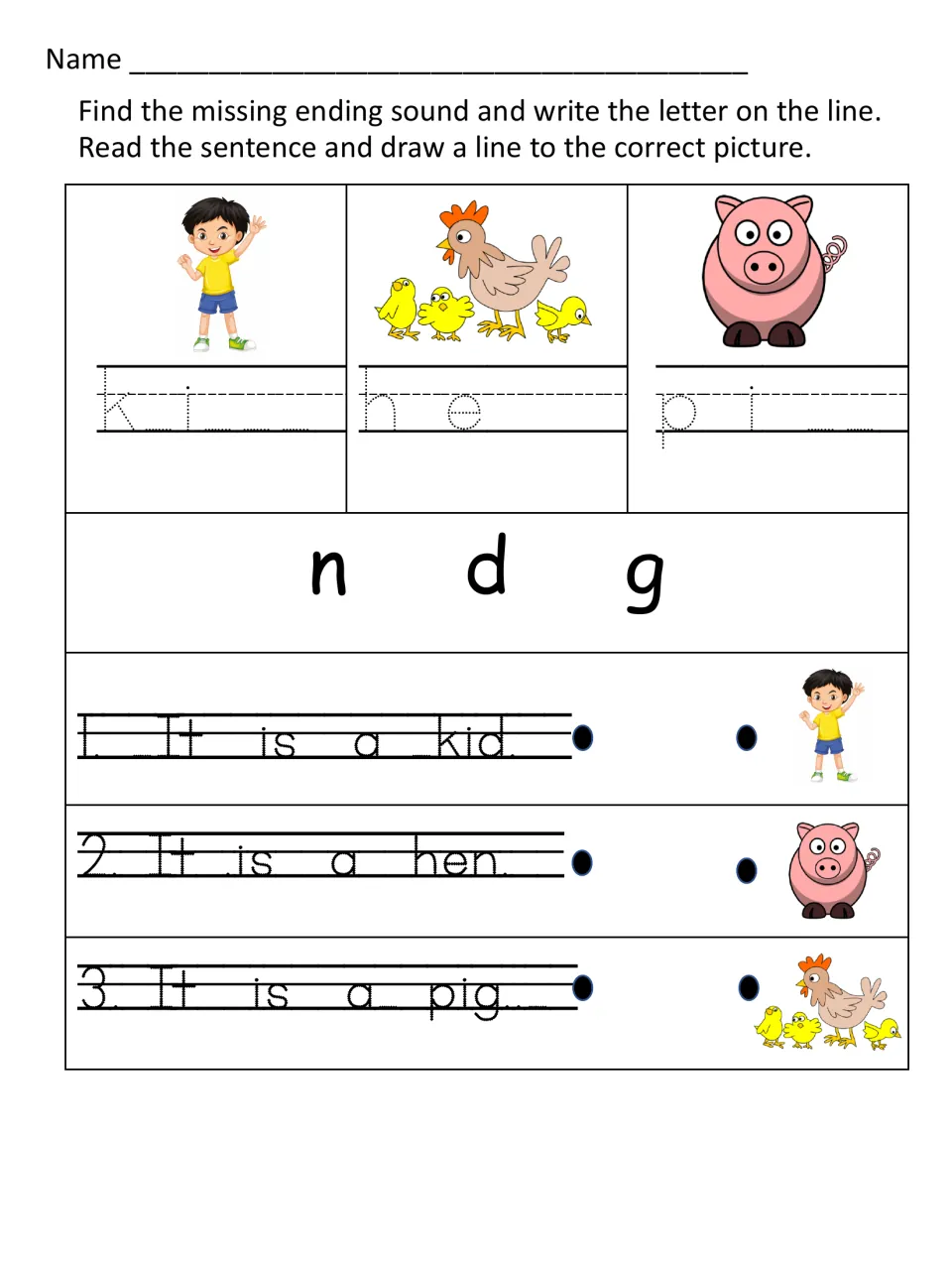 Final sounds for kid, hen and pig: students choose n, d or g, then match It is a kid, hen and pig sentences to pictures