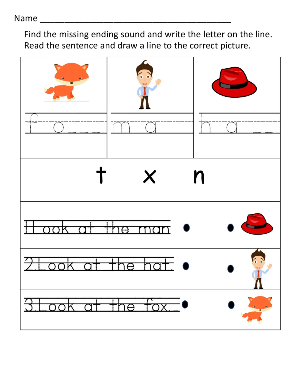 Ending sounds for fox, man, hat: students choose t, x or n, then match Look at the man, hat and fox sentences to pictures