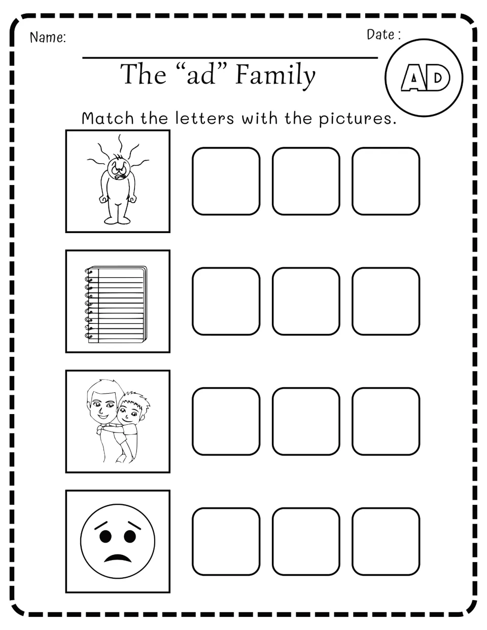 -ad word family: students match letters to pictures of an angry boy, a notepad, a dad carrying his son and a sad face