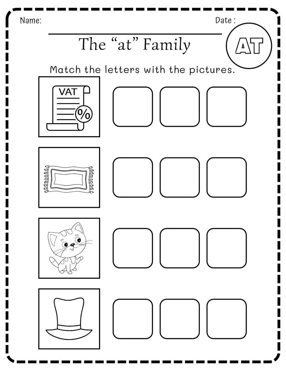 -at word family: students match letters to pictures of a VAT tax form, a rug or mat, a kitten and a top hat