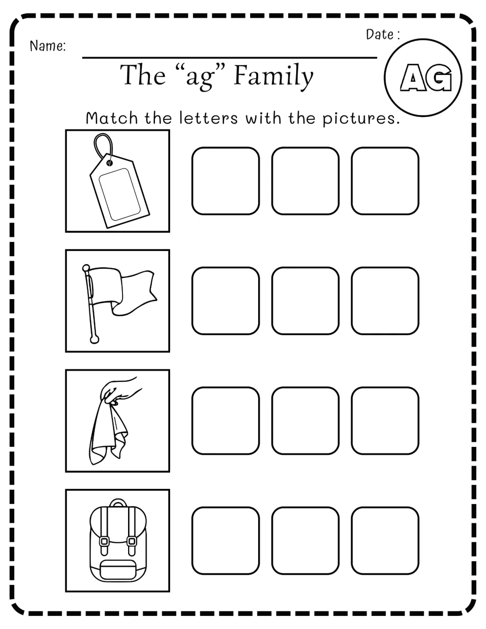 -ag word family: students match letters to pictures of a price tag, a flag on a pole, a hand holding a rag and a backpack