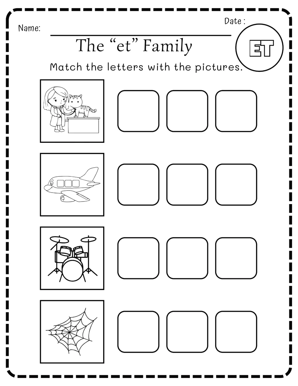 -et word family: students match letters to pictures of a vet checking a cat, a jet plane, a drum set and a spider web net