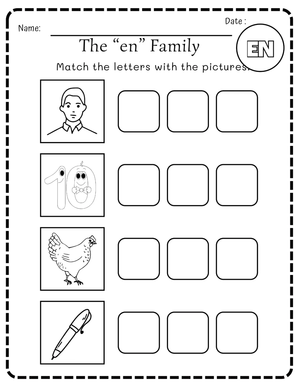 -en word family: students match letters to pictures of a man, a smiling number 10, a hen and a pen to spell short e words