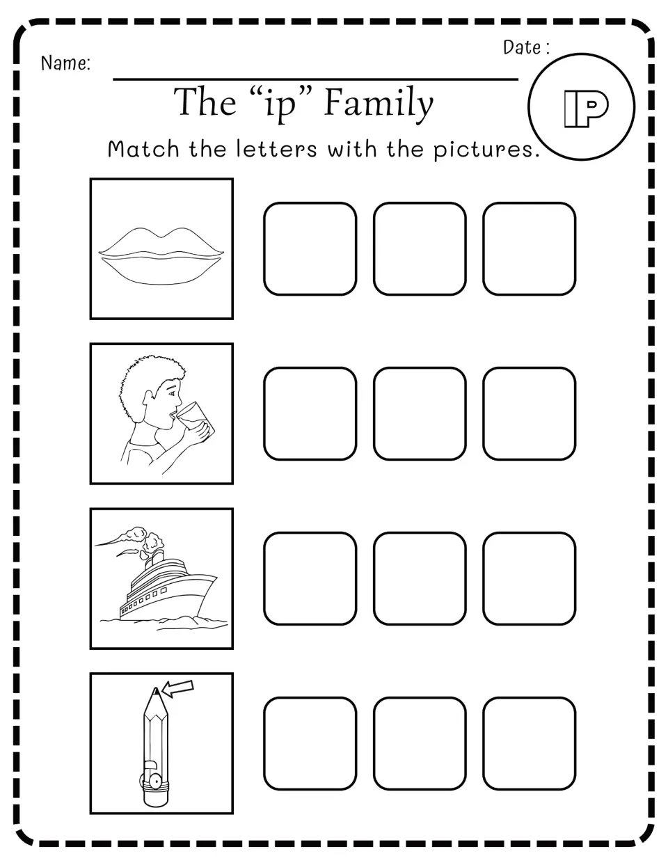 -ip word family: students match letters to pictures of lips, a boy sipping from a cup, a ship and a pencil tip