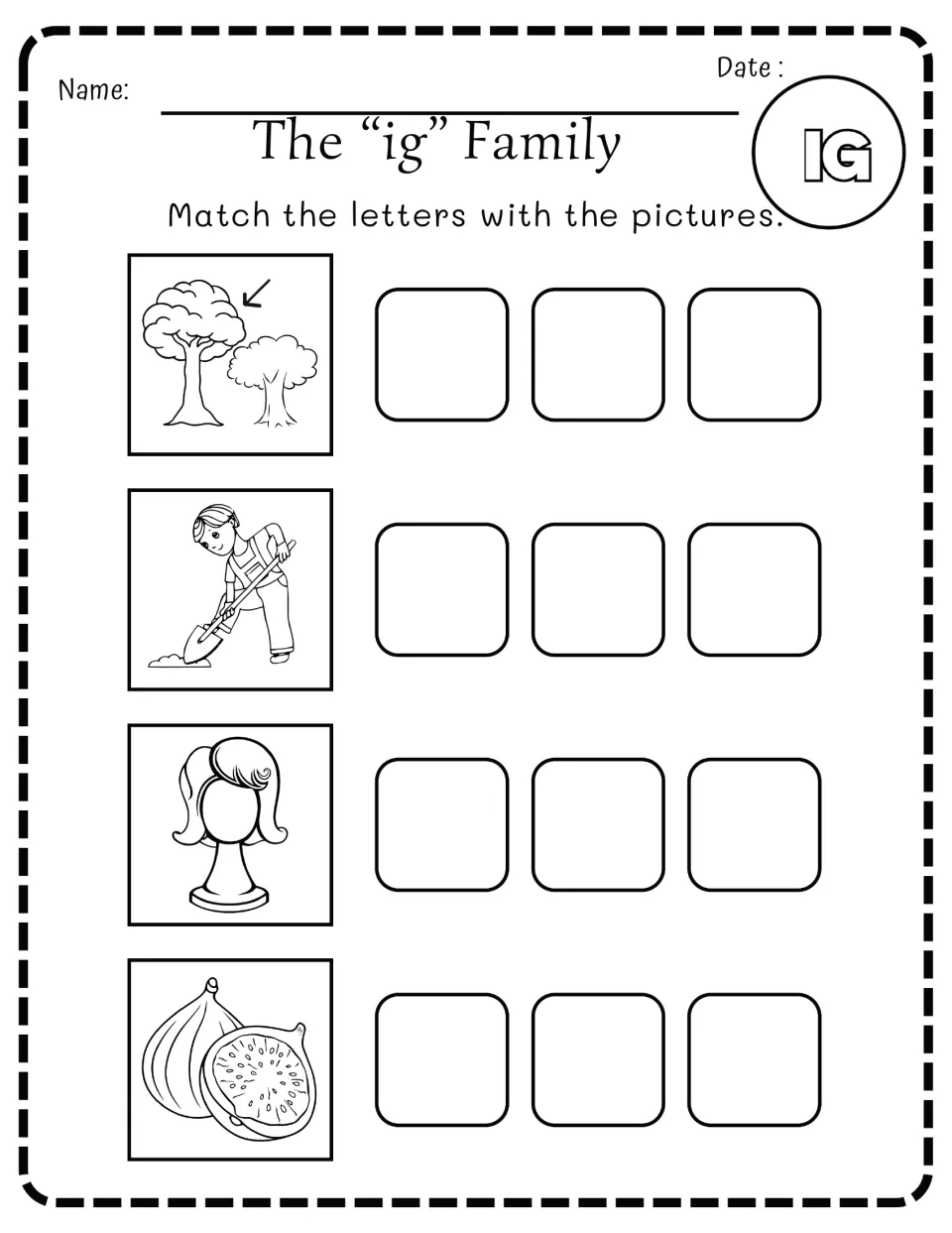 -ig word family: students match letters to pictures of a big tree, a boy digging with a shovel, a wig on a stand and figs