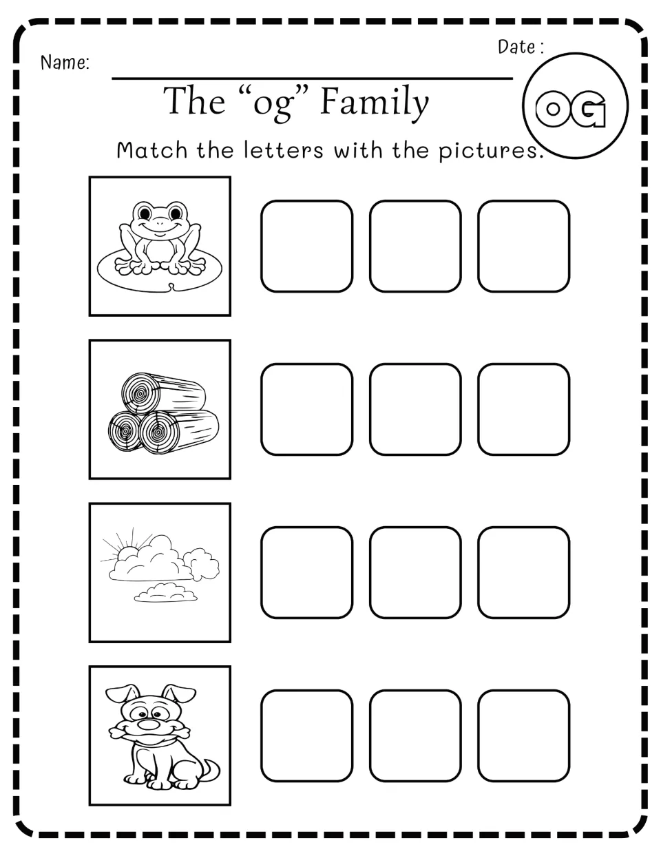 -og word family: students match letters to pictures of a frog on a lily pad, stacked logs, clouds of fog and a dog