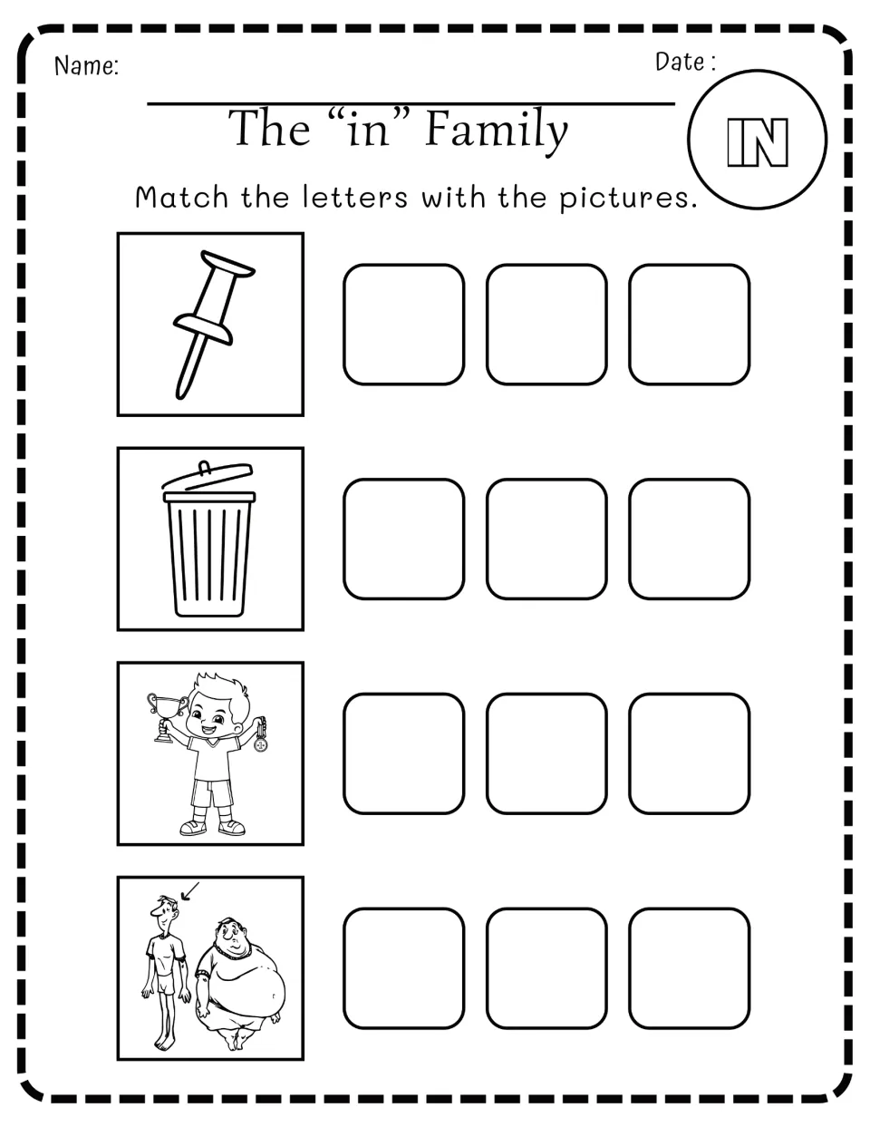 -in word family: students match letters to pictures of a push pin, a trash bin, a boy holding a trophy and a thin man