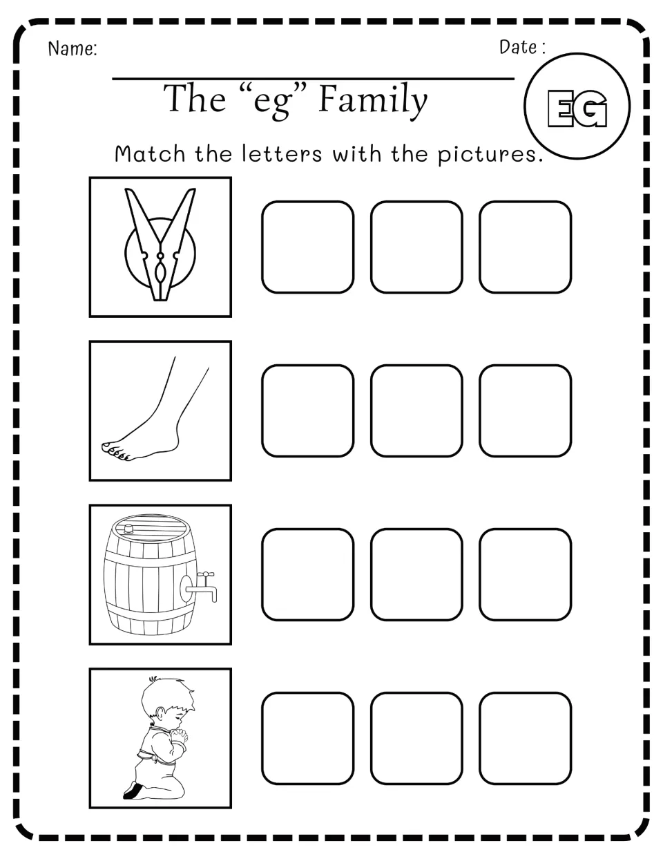 -eg word family: students match letters to pictures of a clothes peg, a leg and foot, a barrel keg and a kneeling boy