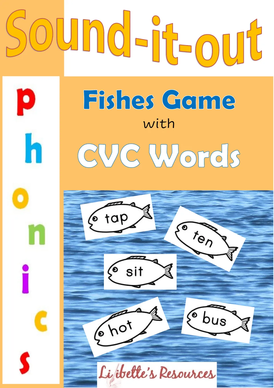 Cover of the CVC Words Fishing Game, showing sample fish word cards labeled tap, ten, sit, hot, and bus
