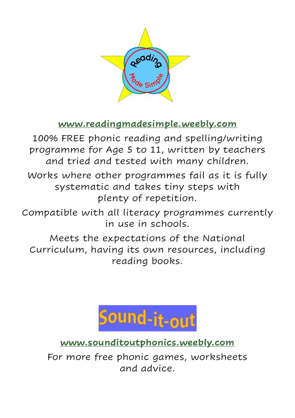 Promotional page for Reading Made Simple and Sound-it-out, advertising phonics programs and resources