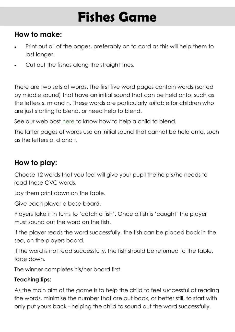 Fishing game instructions: cut out cards, choose 12 words, take turns reading, and fill a board to win