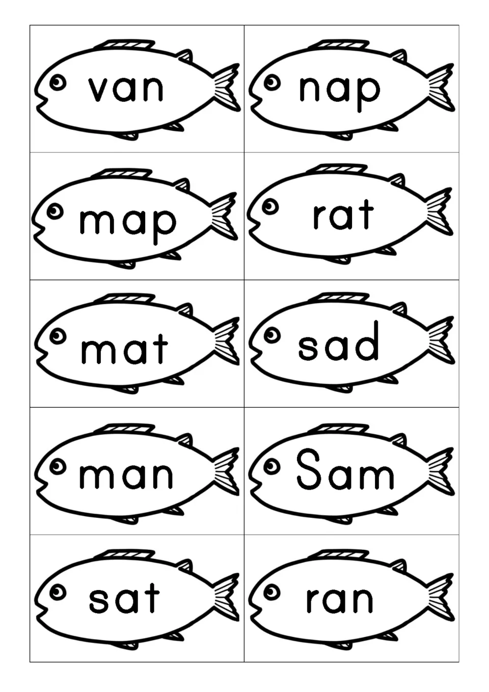 First word-card sheet has 10 short-a fish cards: van, nap, map, rat, mat, sad, man, Sam, sat, and ran
