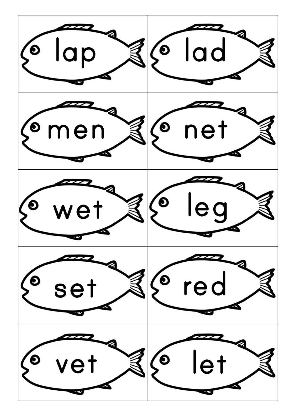 Second word-card sheet has 10 fish cards: lap, lad, men, net, wet, leg, set, red, vet, and let