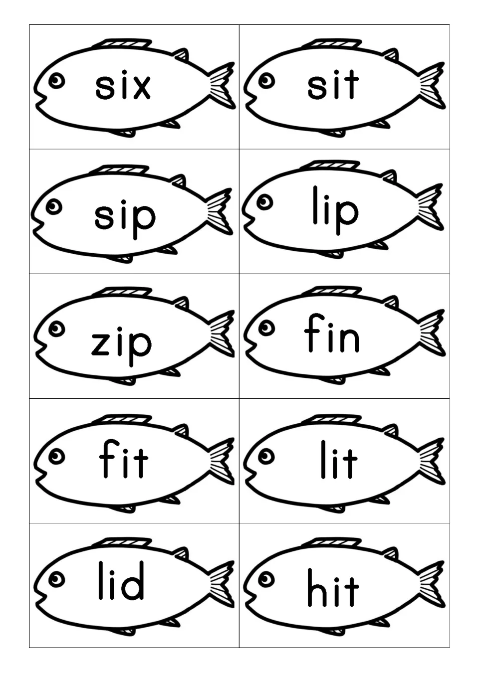 Third word-card sheet has 10 short-i fish cards: six, sit, sip, lip, zip, fin, fit, lit, lid, and hit