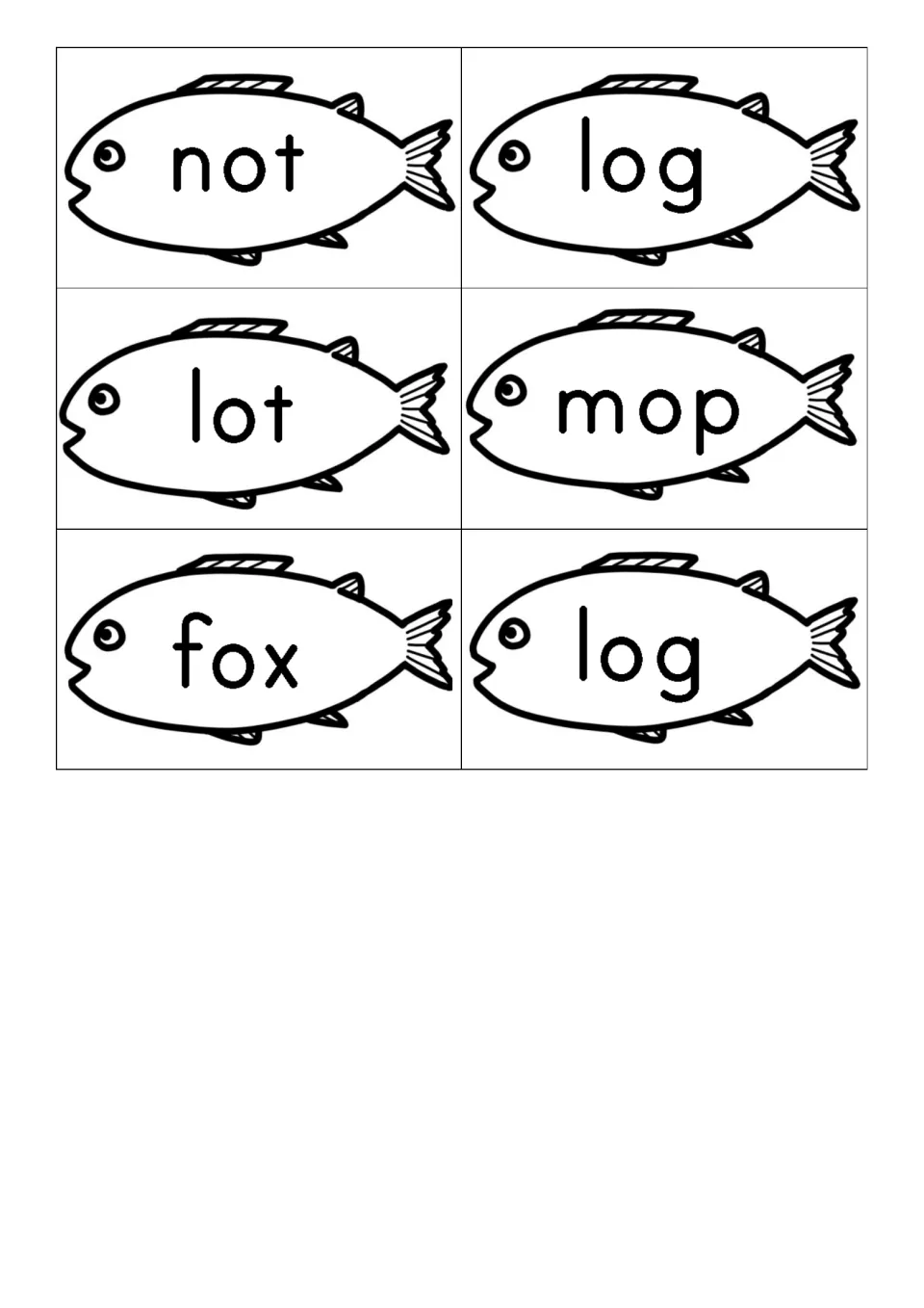 Fourth word-card sheet has six short-o fish cards: not, log, lot, mop, fox, and a second card labeled log
