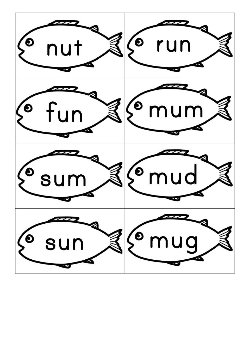 Fifth word-card sheet has eight short-u fish cards labeled nut, run, fun, mum, sum, mud, sun, and mug