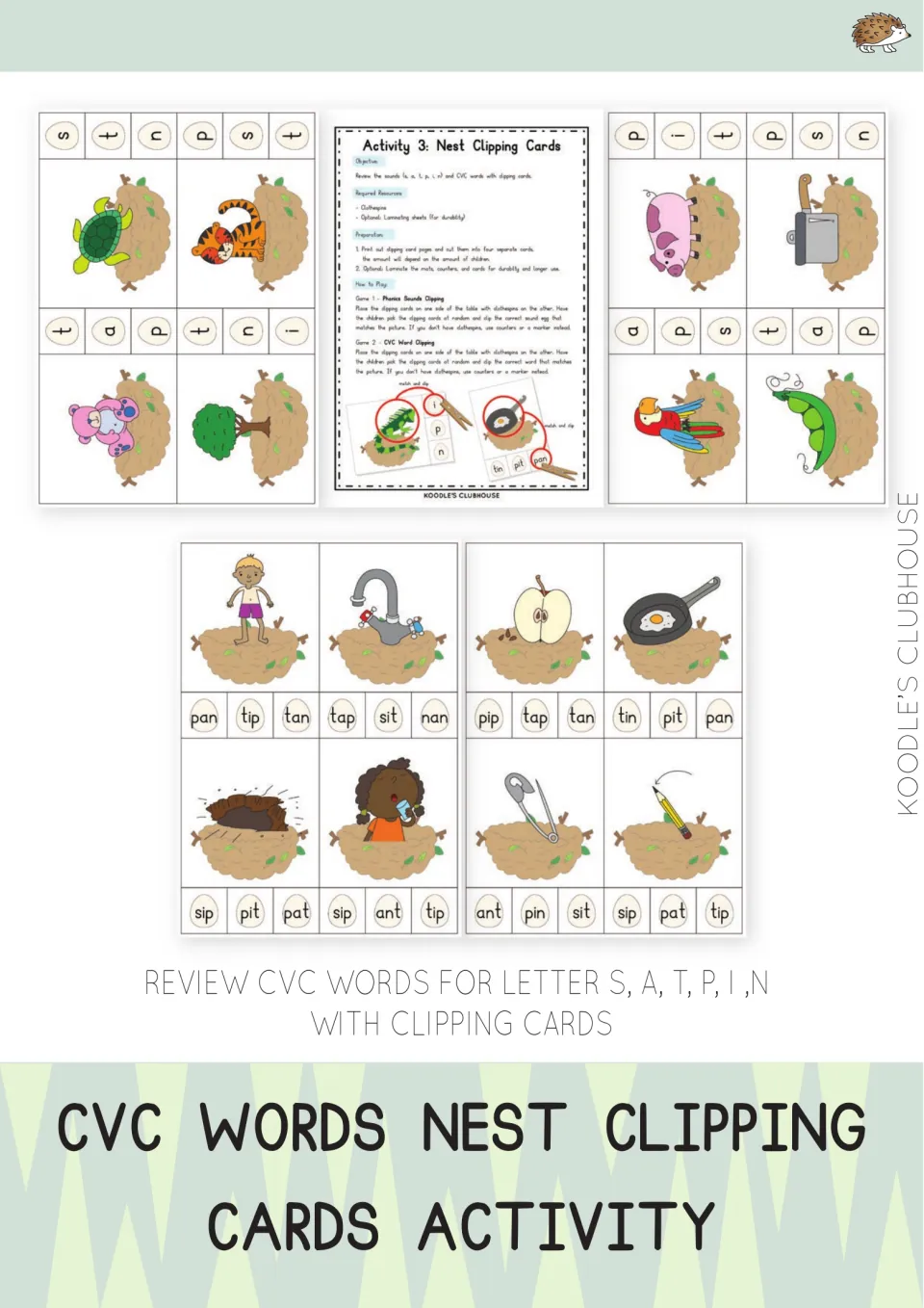 CVC Words Nest Clipping Cards Activity cover: picture cards in nests to review S, A, T, P, I, N sounds and CVC words